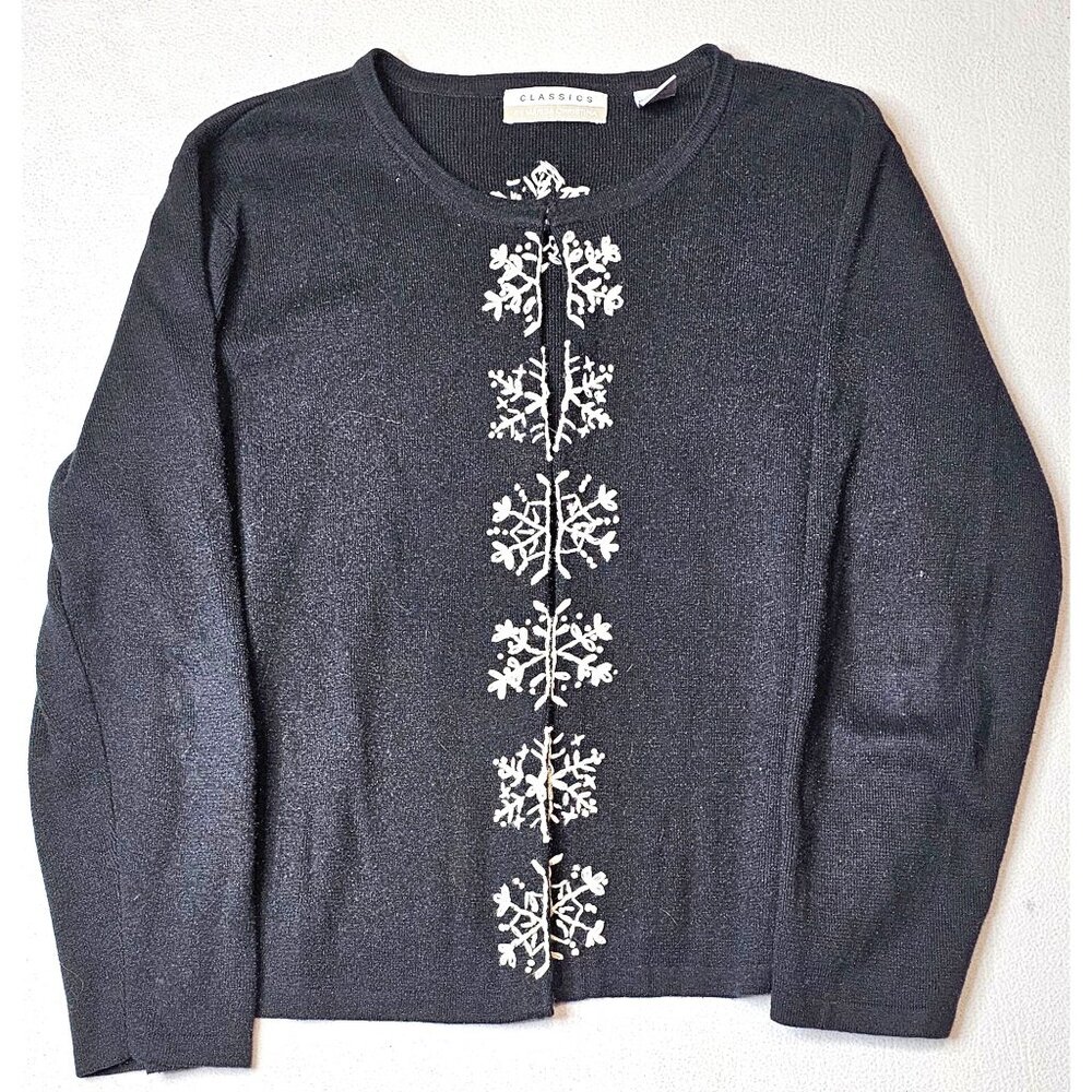 Women Black Size Large Snowflake Cardigan Sweater Classics By Marisa Christina